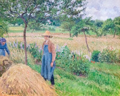 Ogrodnik stojący przy stogu siana, niebo zachmurzone, Eragny autorstwa Camille Pissarro