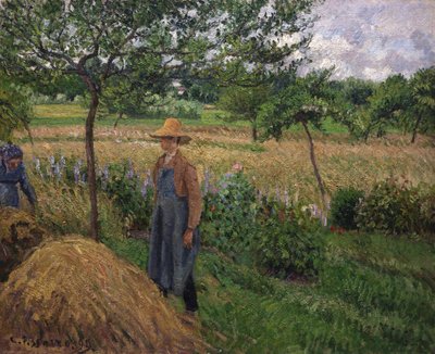 Ogrodnik stojący przy stogu siana, niebo zachmurzone, Eragny, 1899. autorstwa Camille Pissarro