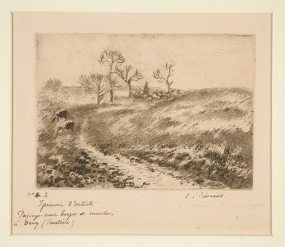 Krajobraz z Pasterzem i Owcami, Osny (Pejzaż z Pasterzem i Owcami w Osny) autorstwa Camille Pissarro