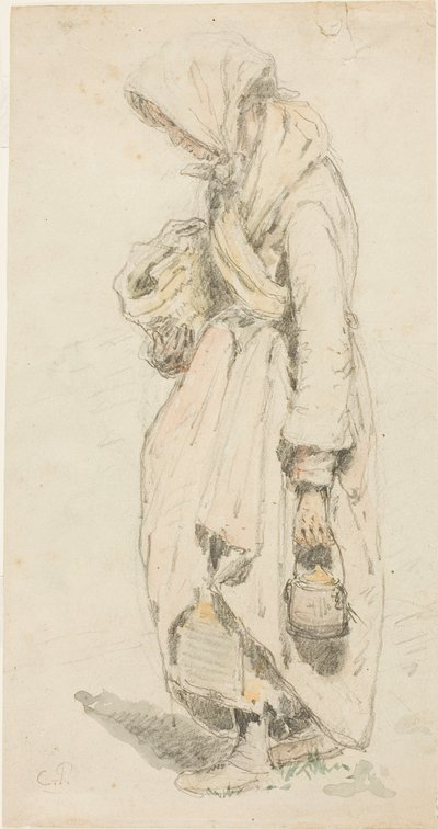 Wieśniaczka (recto); Chłopiec z wędką (verso) autorstwa Camille Pissarro