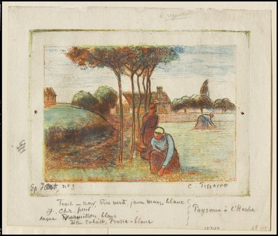Wieśniczki pielące trawę, ok. 1894 (akwaforta wydrukowana w kolorze niebieskim, czerwonym, żółtym i czarnym na kremowym papierze) autorstwa Camille Jacob Pissarro