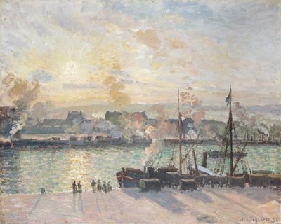 „Zachód słońca, port w Rouen”, Steamboats, 1898 autorstwa Camille Pissarro