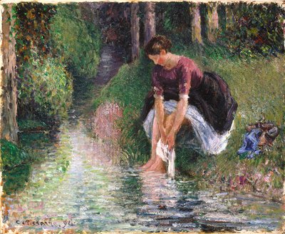 Kobieta myjąca stopy w strumyku (olej na płótnie) autorstwa Camille Pissarro