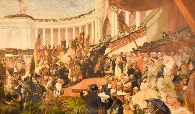 Patriotyczne obchody pięćdziesiątej rocznicy niepodległości Belgii autorstwa Camille Van Camp