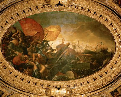 Bitwa morska między Wenecjanami a Genueńczykami w 1265 roku w pobliżu Trapani na Sycylii (olej na płótnie) autorstwa Camillo Ballini