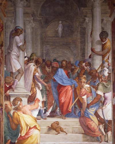 Cudzołożnica przed Chrystusem, fresk Camillo Boccaccino (1501-1546) na prezbiterium kościoła San Sigismondo w Cremonie, Włochy autorstwa Camillo Boccaccino