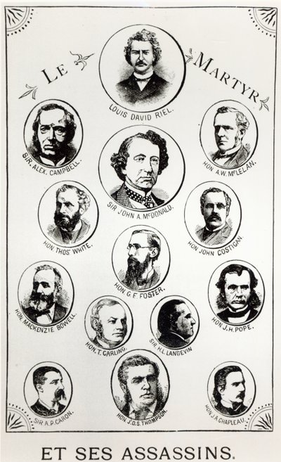 Louis Riel (1844-1885) i jego zabójcy, ilustracja z Le Gibet de Regina, opublikowana w 1886 r. autorstwa Canadian School