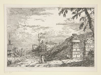 Pejzaż z wieżą i dwoma zrujnowanymi filarami z cyklu Weduta (Widoki) autorstwa Canaletto (Giovanni Antonio Canal)