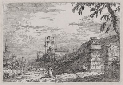 Pejzaż z wieżą i dwoma zrujnowanymi filarami z cyklu Weduta (Widoki) autorstwa Canaletto (Giovanni Antonio Canal)