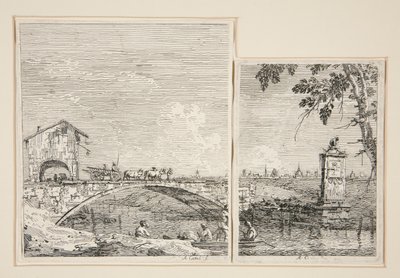 Wagon przejeżdżający przez most [i] Mały pomnik (pod drzewem), z cyklu Weduta (Widoki) autorstwa Canaletto (Giovanni Antonio Canal)