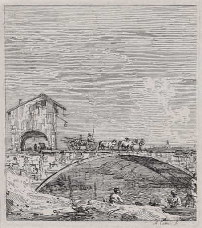 Wagon przejeżdżający przez most z cyklu Weduta (Widoki) autorstwa Canaletto (Giovanni Antonio Canal)