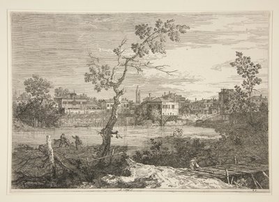 Widok miasta nad brzegiem rzeki z cyklu Weduta (Widoki) autorstwa Canaletto (Giovanni Antonio Canal)