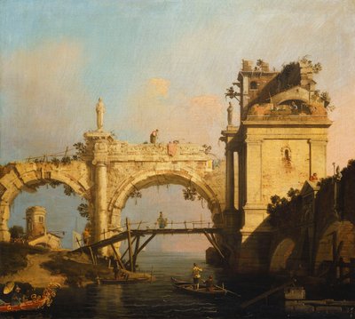 Capriccio zrujnowanej renesansowej arkady i pawilonu przy drodze wodnej przeciętej drewnianą kładką, orientalny w egzotycznie udekorowanej łodzi na pierwszym planie, autorstwa Giovanni Antonio Canal