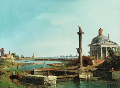 Zamek, kolumna i kościół obok laguny. autorstwa Giovanni Antonio Canal
