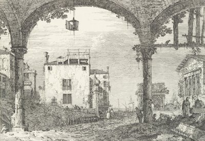 Trzyłukowy portyk z otwartą latarnią wiszącą pośrodku, łuk triumfalny i ru..., 1735-46. autorstwa Canaletto