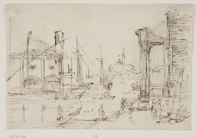 Capriccio z klasycznymi ruinami na nabrzeżu, hangar dla łodzi, dwie galery, za nimi dwa maszty żaglowca, w tle kościół z kopułą autorstwa Canaletto