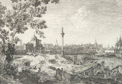 Wyimaginowany widok Padwy, z dzwonnicą i kopułą po lewej stronie, zwieńczona kolumną..., 1735-46. autorstwa Canaletto