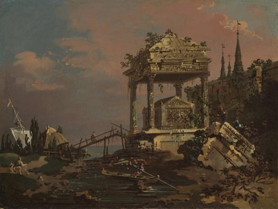 Wyimaginowany widok z grobowcem nad laguną, początek lat czterdziestych XVIII wieku. autorstwa Giovanni Antonio Canal