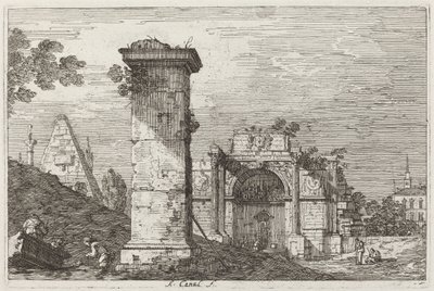 Krajobraz ze zrujnowanymi zabytkami [po prawej] autorstwa Canaletto