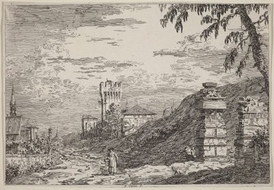 Pejzaż z wieżą i dwiema zrujnowanymi kolumnami autorstwa Canaletto