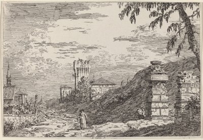Krajobraz z wieżą i dwoma zrujnowanymi filarami, ok. 1930 r. 17351746. autorstwa Canaletto