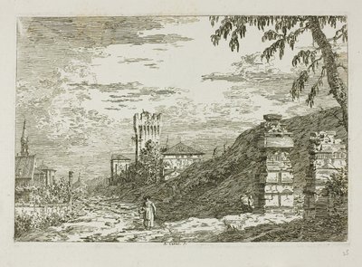 Krajobraz z wieżą i dwoma zrujnowanymi filarami, z Vedute autorstwa Canaletto