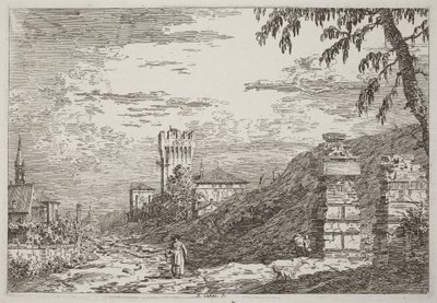 Pejzaż z wieżą i dwoma zrujnowanymi filarami [po lewej] autorstwa Canaletto