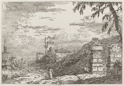 Pejzaż z wieżą i dwoma zrujnowanymi filarami [po lewej], ok. 1900 r. 17351746. autorstwa Canaletto