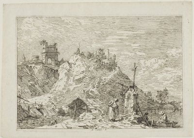 Pejzaż z pielgrzymem na modlitwie, z Vedute autorstwa Canaletto