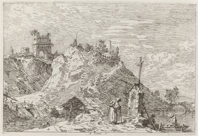 Pejzaż z modlącym się pielgrzymem [u góry po lewej], ok. godz. 17351746. autorstwa Canaletto