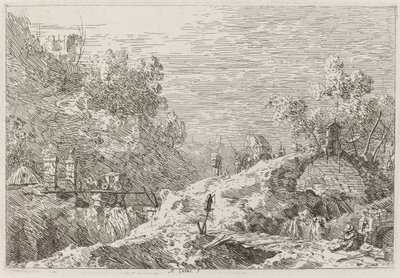 Górski krajobraz z pięcioma mostami [u dołu po prawej] autorstwa Canaletto