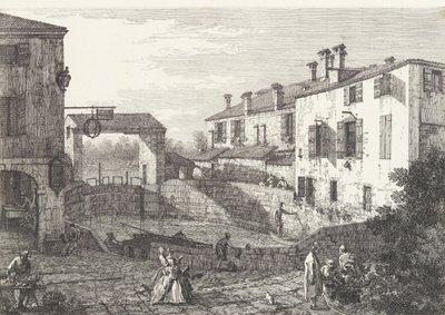 Śluzy w Dolo, owalny basen z łodziami pośrodku, zabudowania po obu stronach..., 1735-46. autorstwa Canaletto