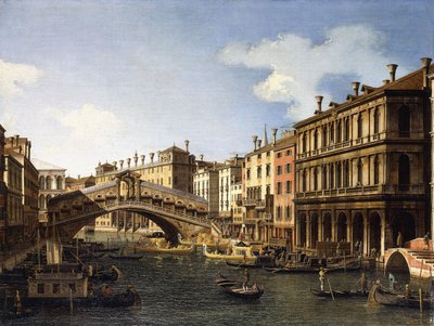 Most Rialto, Wenecja, od południa z zaokrętowaniem księcia Saksonii podczas jego wizyty w 1740 r., autorstwa Giovanni Antonio Canal