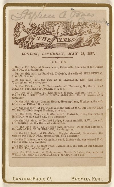 [Strona z ogłoszeniem narodzin z "The Times", Londyn, sobota, 28 maja 1887 r.]. autorstwa Cantuar Photographic Company