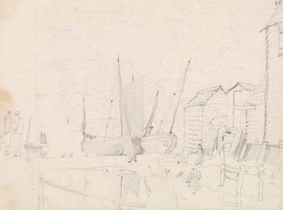 Szkic żaglówek na plaży i domków na palach, Hastings autorstwa Capt. Thomas Hastings