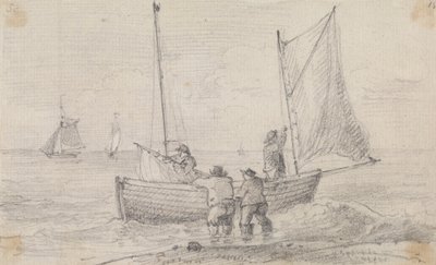 Szkic grupy przygotowującej żagle w pobliżu brzegu, Hastings autorstwa Capt. Thomas Hastings