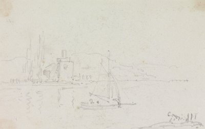 Esboço de um barco à vela e um edifício no Shorepolish autorstwa Capt. Thomas Hastings