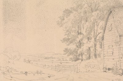 Esboço de um edifício com telhado de palha e um rio Beyondpolish autorstwa Capt. Thomas Hastings