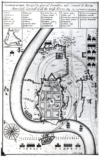 Londonderry oblegany przez generała Hamiltona i Conrada de Rosena, rytowany przez J. Sturt, 1689 autorstwa Captain Archibald Maculloch