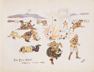 Pierwsza muszla, Ladysmith, 1899, z The Leaguer of Ladysmith, 1900 autorstwa Captain Clive Dixon