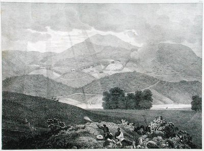 Widok części jeziora i domków w Ottacamund, góry Neelgherry, płyta 3 z Widoku na Neilgherries lub Blue Mountains of Coimbetoor w południowych Indiach autorstwa kapitana McCurdy