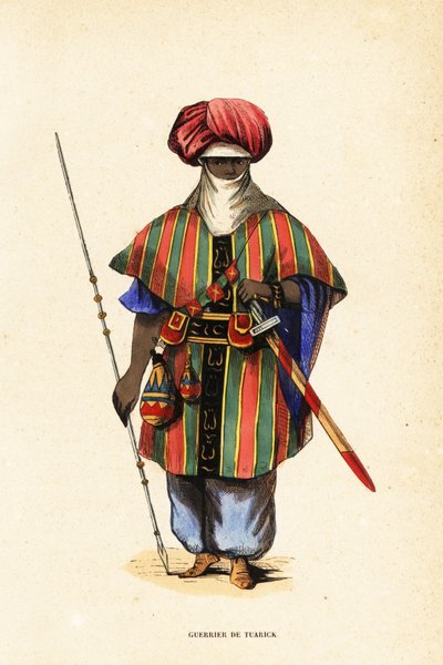 Szlachetny wojownik Tuaregów z Agadez, Niger, w tagelmust (turban i welon), taktkat (koszula) i akarbej (spodnie) autorstwa Captain George Francis (after) Lyon