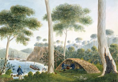 Miejscowa chata (lub Wigwam) w Zatoce Przygód, Kraina Van Diemena, 1792 autorstwa Captain George Tobin