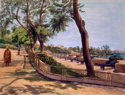 Bateria Victoria, Gibraltar, odbitka wykonana przez TC Dibdin, z "Select Views of the Rock and Fortress of Gibraltar", opublikowana w 1846 r. autorstwa Captain J. M. Carter