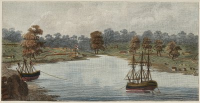 Sydney Cove, 1788 (ręcznie barwiony miedzioryt) autorstwa Captain John Hunter