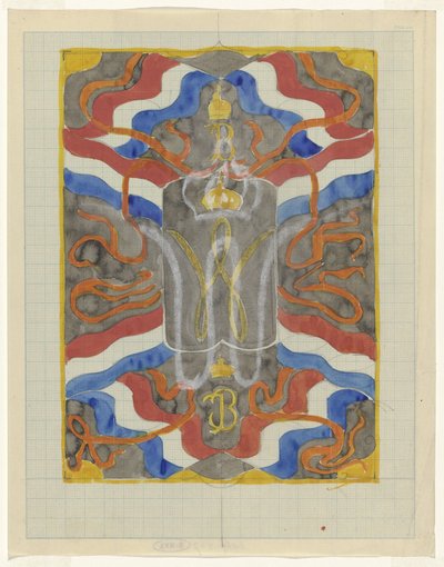 Entwurf mit Flaggen, Bannern und einer gekrönten W und B autorstwa Carel Adolph Lion Cachet