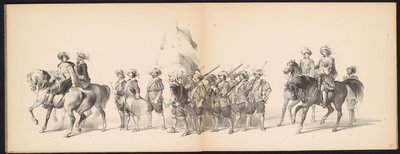 Maskarada uczniów Leiden, 1850 (tablica 10) Intogt Frederika Hendrika w Hertogenbosch w 1629 r.: przedstawienie w kostiumie autorstwa H.H. uczniowie Leydsche Hoogeschool den XI Junij z roku 1850 (tytuł serii na obiekcie) autorstwa Carel Christiaan Antony Last