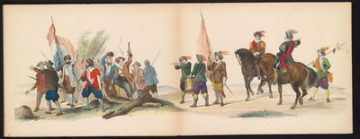 Maskarada studentów z Leiden, 1850 (tabl. 12) Intogt Frederika Hendrika w Hertogenbosch w 1629 r.: przedstawienie w kostiumie autorstwa H.H. uczniowie Leydsche Hoogeschool den XI Junij z roku 1850 (tytuł serii na obiekcie) autorstwa Carel Christiaan Antony Last