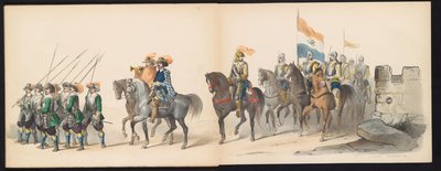 Maskarada studentów z Leiden, 1850 (tabl. 13) Intogt autorstwa Frederika Hendrika w Hertogenbosch w 1629 r.: przedstawienie w kostiumie autorstwa H.H. uczniowie Leydsche Hoogeschool den XI Junij z roku 1850 (tytuł serii na obiekcie) autorstwa Carel Christiaan Antony Last