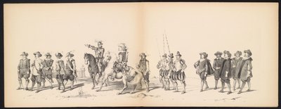 Maskarada uczniów Leiden, 1850 (tablica 2) Intogt Frederika Hendrika w Hertogenbosch w 1629 r.: przedstawienie w kostiumie autorstwa H.H. uczniowie Leydsche Hoogeschool den XI Junij z roku 1850 (tytuł serii na obiekcie) autorstwa Carel Christiaan Antony Last